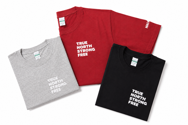 Three folded short-sleeve T-shirts on a white background: one heather gray, one red, and one black, each printed with the phrase 'TRUE NORTH STRONG FREE' in white text.